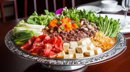 A vibrant platter featuring an assortment of fresh vegetables, meats, and tofu arranged beautifully for a healthy and delicious dining experience.の素材