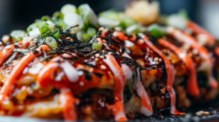A vibrant sushi roll topped with fresh ingredients and sauces, showcasing the art of Japanese cuisine. Perfect for food lovers and culinary enthusiasts.の素材