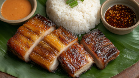 Succulent grilled meat served with fragrant rice and flavorful sauces, showcasing a vibrant presentation perfect for any culinary enthusiast.の素材