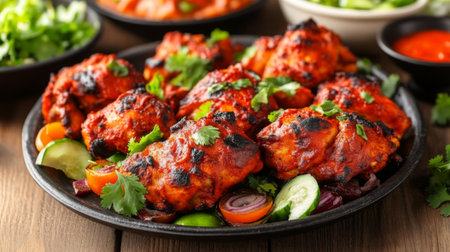 A beautifully arranged platter of grilled spicy chicken garnished with fresh herbs and vegetables. Perfect for a delicious dinner or event meal.の素材