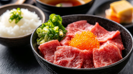 Indulge in a delicious bowl of fresh wagyu beef topped with vibrant roe and accompanied by rice. Ideal for food lovers seeking gourmet experiences.の素材