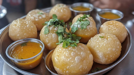 A vibrant platter of traditional Indian street food, showcasing round crispy snacks topped with fresh coriander and served with tangy sauce. Perfect for sharing!の素材