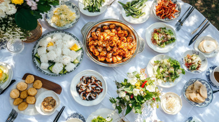 A vibrant outdoor table set up with a variety of delicious dishes, featuring shrimp, salads, rice, and fresh herbs, perfect for gatherings and celebrations.の素材