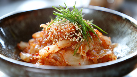 A vibrant bowl of fresh kimchi salad topped with sesame seeds and chopped greens, showcasing a colorful and appetizing dish perfect for a healthy meal.の素材