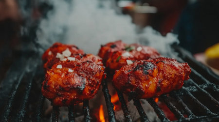Juicy grilled chicken wings sizzling over an open flame, surrounded by aromatic smoke. Perfect for summer gatherings and outdoor barbecues. Indulge in the rich flavors!の素材