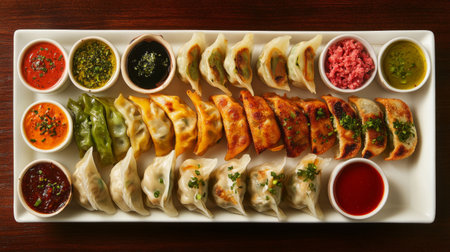 A vibrant platter of assorted dumplings served with various dipping sauces, showcasing the delightful textures and colors of Asian cuisine. Perfect for sharing!の素材