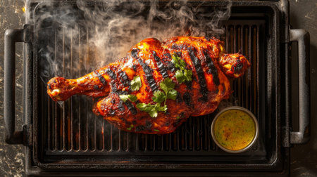 A succulent grilled chicken leg with a smoky finish, garnished with fresh herbs. Perfect for barbecue lovers and culinary enthusiasts seeking delicious meal ideas.の素材