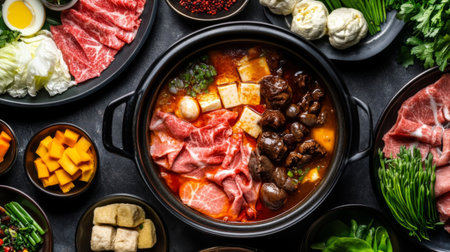 A vibrant arrangement of hot pot ingredients including fresh meat, tofu, and vegetables, perfect for a cozy dining experience with family and friends.の素材
