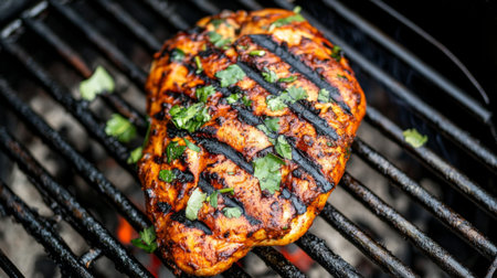 A delicious grilled chicken breast garnished with fresh herbs, showcasing rich grill marks and a tempting golden brown color. Perfect for summer meals.の素材