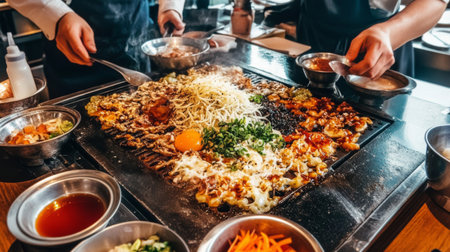 A vibrant scene of chefs preparing a variety of dishes on a sizzling grill. Colorful ingredients and steam enhance the inviting atmosphere, showcasing culinary skill.の素材