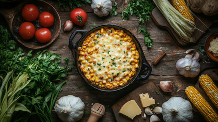A vibrant baked corn and cheese dish surrounded by fresh vegetables and herbs, showcasing the essence of rustic cooking and healthy meals.の素材