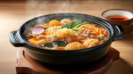 A steaming bowl of delicious hot pot featuring a mix of fresh vegetables, noodles, and meat. Perfect for a cozy dining experience. Enjoy the rich flavors!の素材