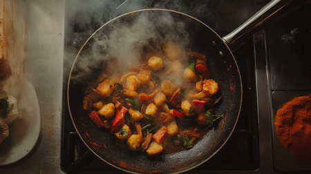A vibrant and flavorful scene of shrimp and vegetables cooking in a pan, surrounded by steam and spices, showcasing the art of meal preparation.の素材