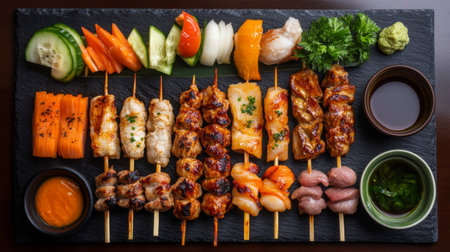 A beautifully arranged platter featuring a variety of grilled skewers, including meats and vegetables, perfect for sharing at any gathering or event.の素材
