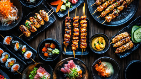 A vibrant assortment of Japanese dishes including sushi, sashimi, and grilled skewers arranged beautifully on a wooden table, perfect for a culinary experience.の素材