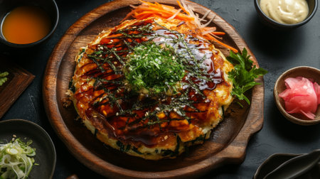A beautifully presented savory pancake drizzled with sauce and topped with fresh herbs. Perfect as a meal or appetizer for any culinary enthusiast.の素材