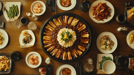 A vibrant spread of Asian dishes arranged beautifully on a wooden table. Enjoy a variety of fresh ingredients, flavors, and traditional presentations perfect for any gathering.の素材