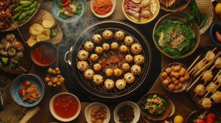 A beautiful array of diverse Asian dishes displayed on a wooden table, featuring steaming platters, vibrant colors, and enticing aromas perfect for sharing.の素材