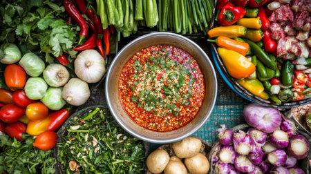 A beautiful arrangement of fresh vegetables surrounds a flavorful sauce in a bowl, showcasing vibrant colors and rich textures ideal for culinary inspiration.の素材