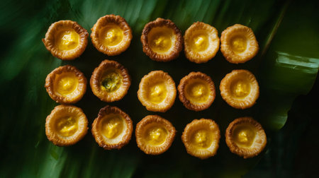 A delightful arrangement of golden pastries filled with creamy yellow custard, beautifully presented on vibrant green leaves, perfect for dessert.の素材