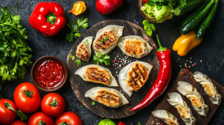 A vibrant arrangement of delicious dumplings paired with fresh vegetables, herbs, and a spicy chili sauce on a rustic wooden table, perfect for culinary delights.の素材