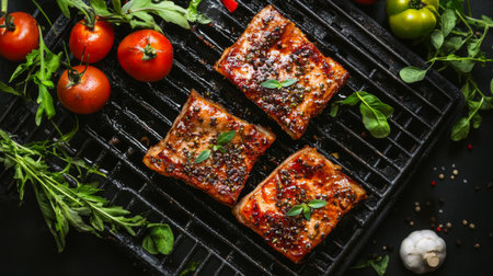 Savory grilled salmon fillets paired with fresh vegetables and herbs. Perfect for healthy meal ideas, this vibrant dish offers rich flavors and textures.の素材