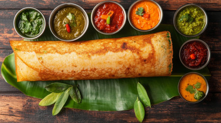 A beautifully presented South Indian dosa served on a banana leaf with an array of colorful chutneys, showcasing rich culinary traditions and flavors.の素材