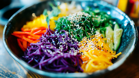 A vibrant bowl of Korean bibimbap featuring a colorful mix of fresh vegetables, sesame seeds, and herbs. Perfect for healthy meals and dining.の素材