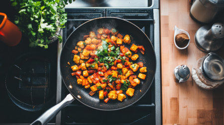 A vibrant vegetable stir-fry featuring fresh ingredients in a frying pan. Perfect for showcasing healthy cooking and colorful meal prep in the kitchen.の素材