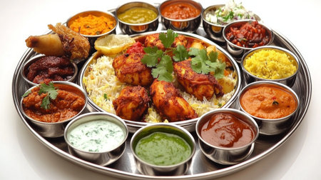 A vibrant Indian thali showcasing an array of dishes, including rice, chicken, various sauces, and fresh herbs, perfect for diverse culinary experiences.の素材