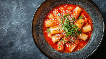 This vibrant and spicy vegetable dish features fresh ingredients and a flavorful sauce, served in an elegant bowl, perfect for any dining occasion.の素材