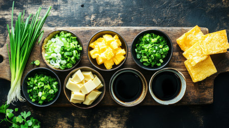 A beautifully arranged assortment of fresh ingredients for Asian cuisine, featuring green onions, tofu, soy sauce, and more, perfect for cooking or food styling.の素材