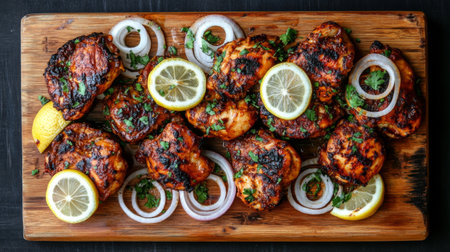 A mouthwatering display of grilled chicken thighs garnished with fresh herbs and lemon slices on a rustic wooden board, perfect for summer meals.の素材