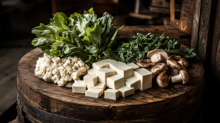A vibrant arrangement of fresh vegetables and tofu on a rustic wooden surface. Perfect for healthy meal preparation, vegetarian recipes, and cooking inspiration.の素材