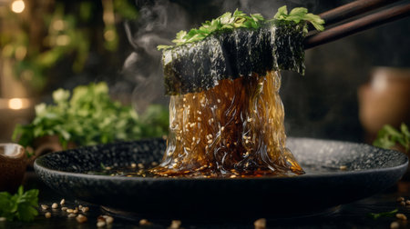 A close-up view of delicious noodles lifted with seaweed and fresh herbs. Perfect for showcasing gourmet Asian cuisine with rich flavors and textures.の素材