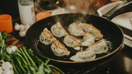 A close-up of golden dumplings sizzling in a hot pan, surrounded by fresh garlic and herbs, creating an appetizing culinary scene for food lovers.の素材