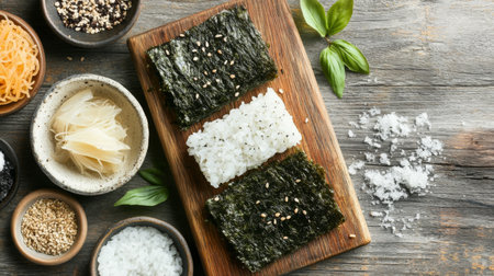 Assortment of fresh sushi ingredients including nori, rice, and sesame on a rustic wooden board, perfect for culinary presentations and healthy dishes.の素材