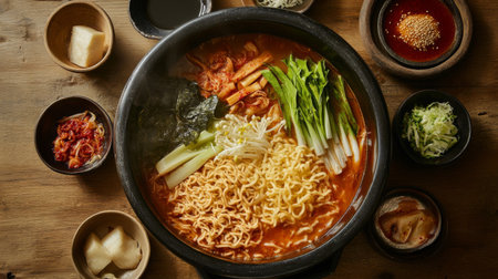 A vibrant display of traditional Korean ramen served in a stone pot, featuring fresh vegetables, savory noodles, and a rich, spicy broth for a hearty meal.の素材