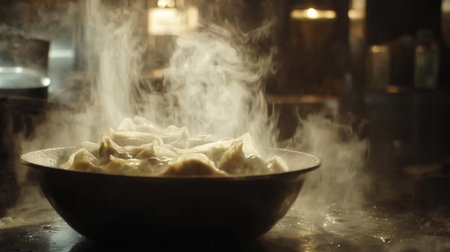 A steaming bowl of dumplings sits on a rustic table, exuding warmth and inviting aroma. This culinary scene captures the essence of comfort food preparation.の素材
