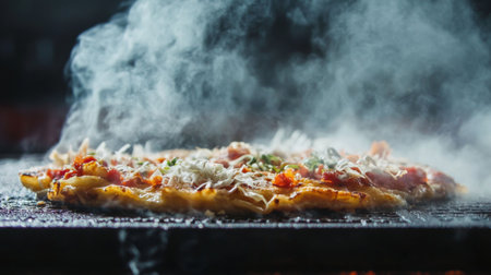A freshly cooked pizza sizzling on the grill, surrounded by a smoky atmosphere and vibrant ingredients, perfect for showcasing culinary delights.の素材