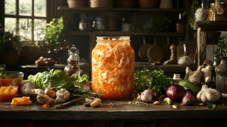 A rustic kitchen scene features a glass jar of fermented vegetables, surrounded by fresh produce and herbs, evoking a sense of healthy living and traditional cooking.の素材