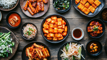 An array of vibrant Korean dishes displayed on a wooden table, featuring various textures and colors, perfect for showcasing the culture and flavors of Korean cuisine.の素材