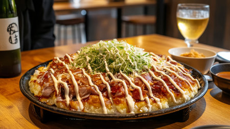 A stunning serving of okonomiyaki, Japanese savory pancake, topped with mayonnaise, green onion, and bonito flakes, in a warm dining setting.の素材