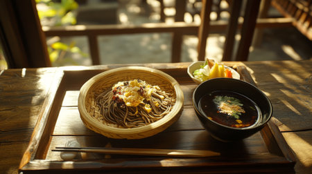 A beautifully presented bowl of soba noodles accompanied by fresh vegetables and a rich broth, perfect for showcasing culinary artistry and flavors.の素材