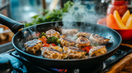 A vibrant scene of dumplings frying in a pan, surrounded by fresh vegetables, filling the air with steam and delicious aromas. Perfect for culinary inspiration.の素材