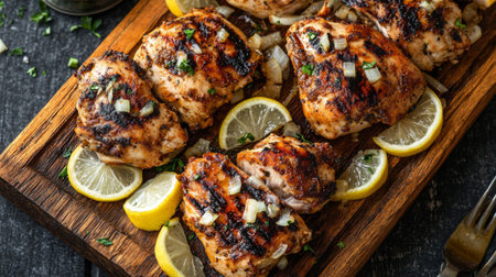 A mouthwatering display of grilled chicken garnished with fresh herbs and lemon slices, perfect for summer meals and outdoor gatherings.の素材