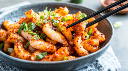 A vibrant bowl of spicy noodles garnished with fresh green onions and seasonings, perfect for anyone craving a bold and flavorful dish. Ideal for food lovers!の素材