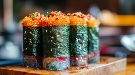 These colorful sushi rolls, beautifully arranged on a wooden board, showcase a fusion of fresh ingredients and artistic presentation, perfect for any dining experience.の素材