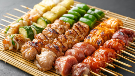 A vibrant array of grilled skewers featuring a mix of meats and vegetables. Perfect for barbecues, gatherings, or culinary presentations, this dish highlights the art of grilling.の素材