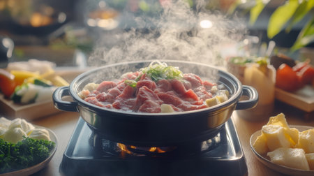 A steaming hot pot filled with fresh meat and vegetables on a table, embodying the warmth and joy of sharing a meal with loved ones. Perfect for food enthusiasts.の素材